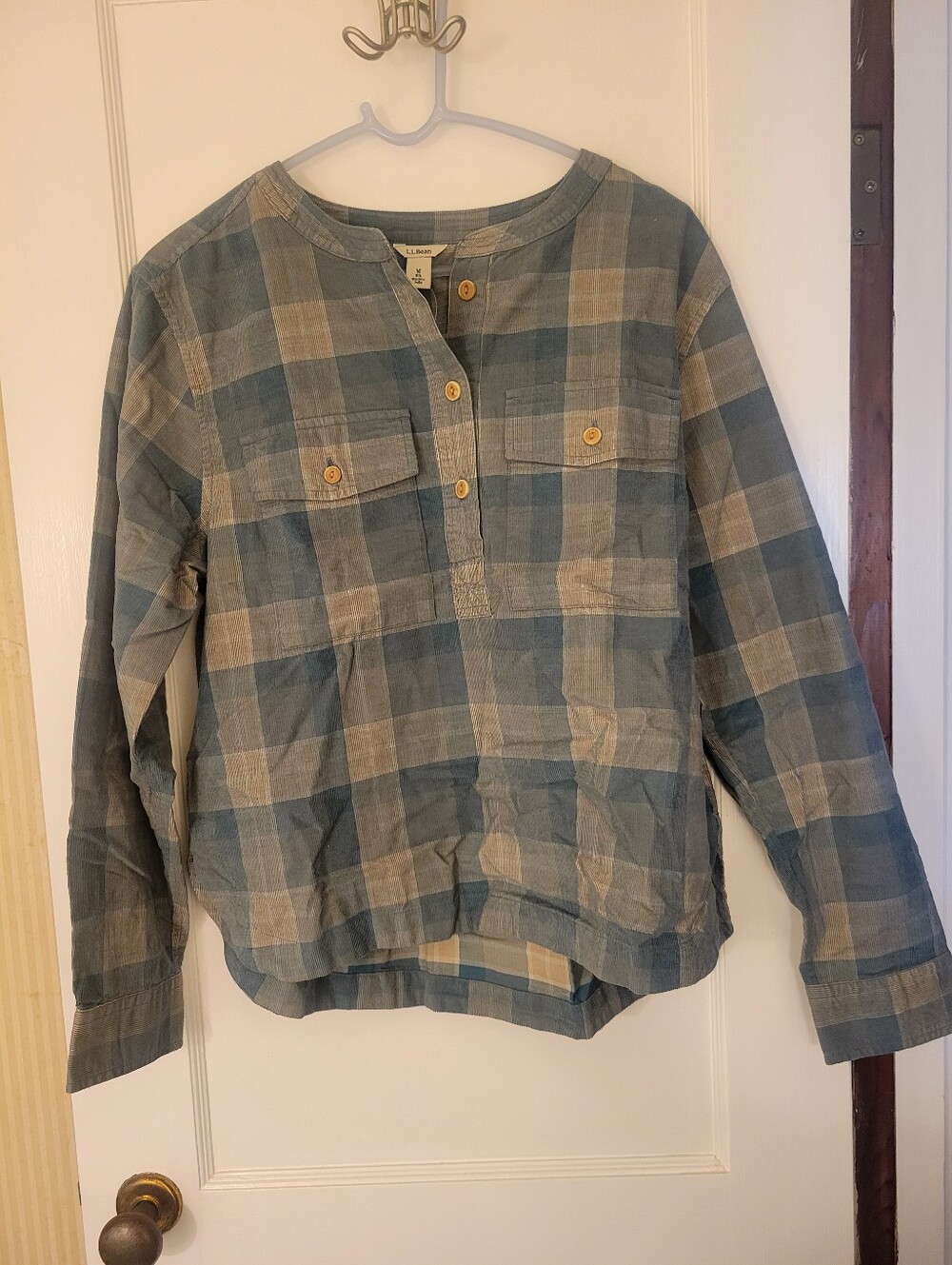 L.L. Bean Gray and Blue Plaid Sunwashed Cord Shirt